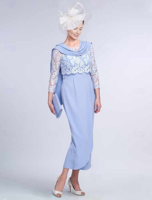 AABEI DRESS Wedding Guest Dress Elegant Sheath Jewel Neck 3/4 Length Sleeve Tea Length Wrap Included Jacket Dresses with Lace Fashion Two Piece Mother of the Bride Dress