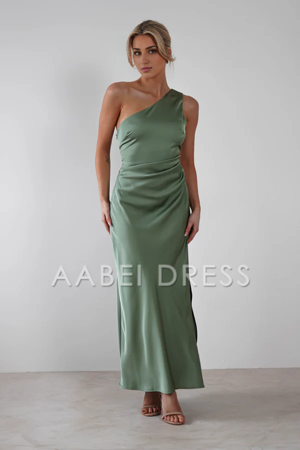 AABEI DRESS Prom Dress Satin One-Shoulder Ruched Waist Side Fork Simple Exquisite Dress