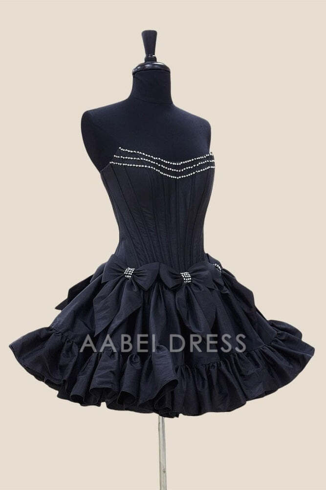 AABEI DRESS New Homecoming Dress Cute Satin A-Line Bateau Strapless Beaded With Bows Fashion Short Prom Dresse
