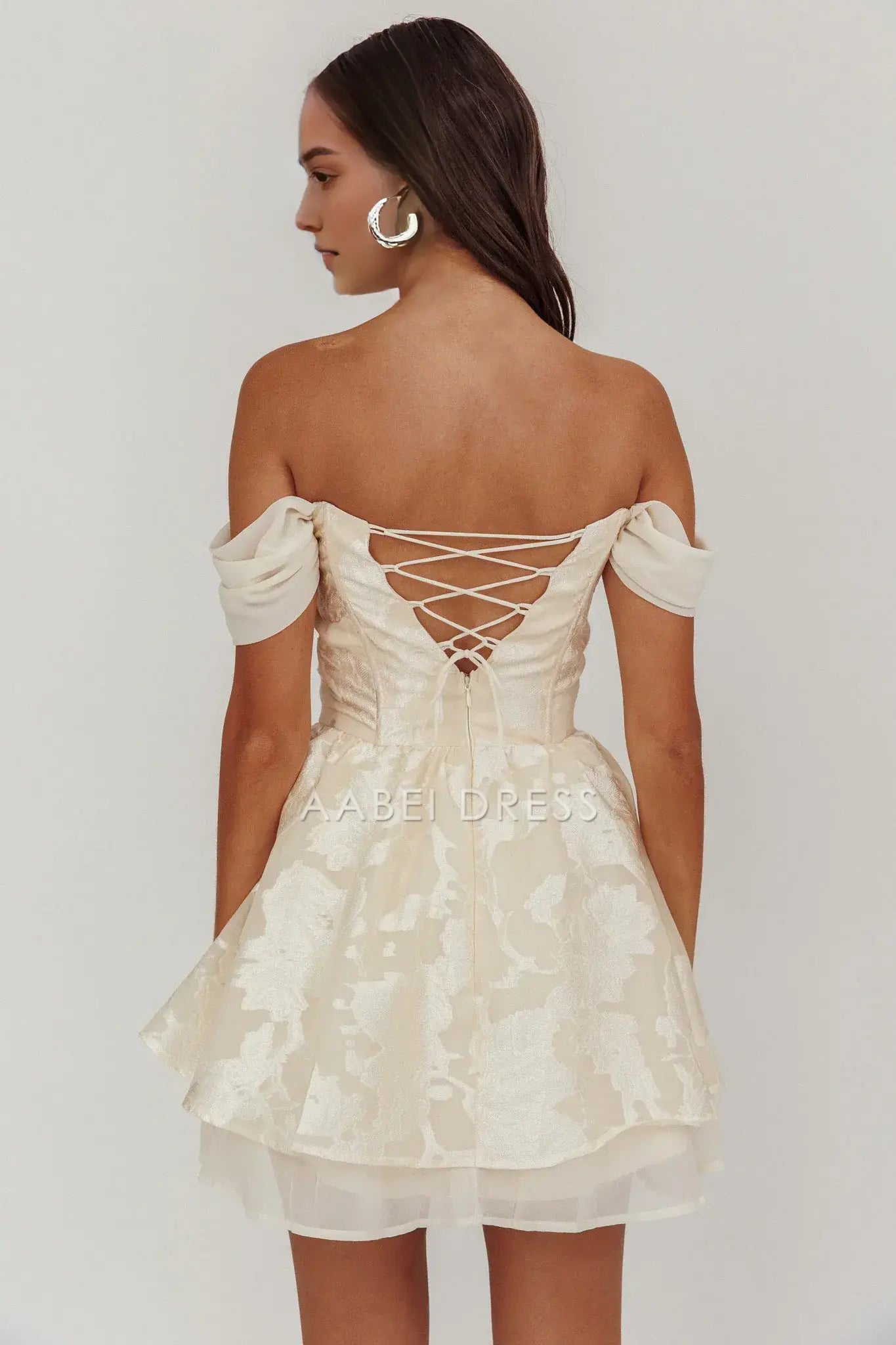 A Line Off Shoulder Backless Jacquard Fluffy Princess Style Mini Dress Hot Sale Homecoming Dress