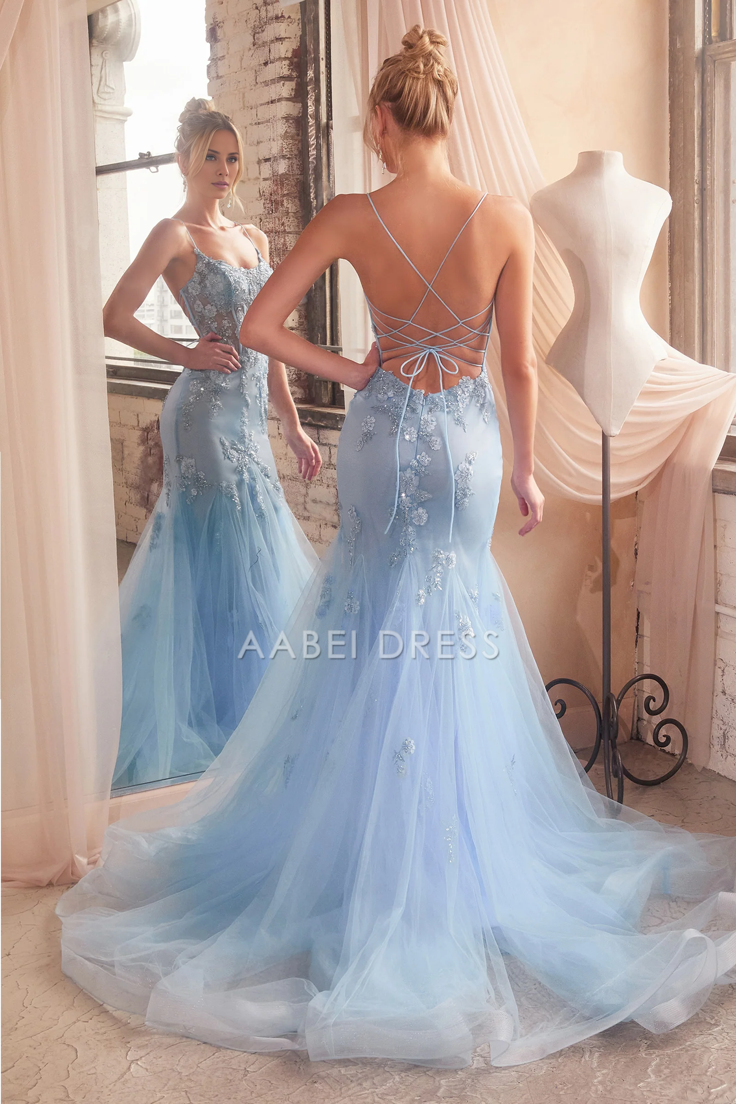 AABEI DRESS Hot Sale Prom Dress Charming Mermaid Spaghetti Strap Applique Backless Long Evening Dress