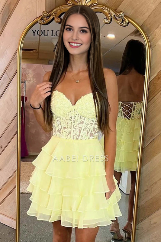 AABEI DRESS New Homecoming Dress A-Line Strapless Sweetheart Sheer Corset Lace Applique Ruffle Layered Cute Short Prom Dresse
