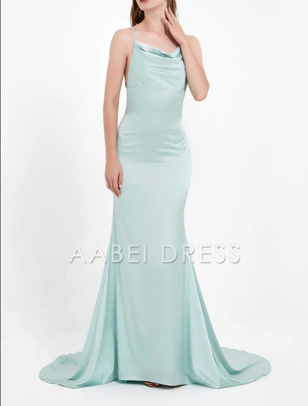 AABEI DRESS Charming Mermaid Cowl Neck Spaghetti Straps Open Back Elegant Satin Dress Simple Evening Dress