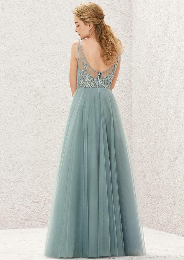 Elegant Tulle With Lace A-line V Neck Sleeveless Backless Ruched Affordable Floor-Length Bridesmaid Dress