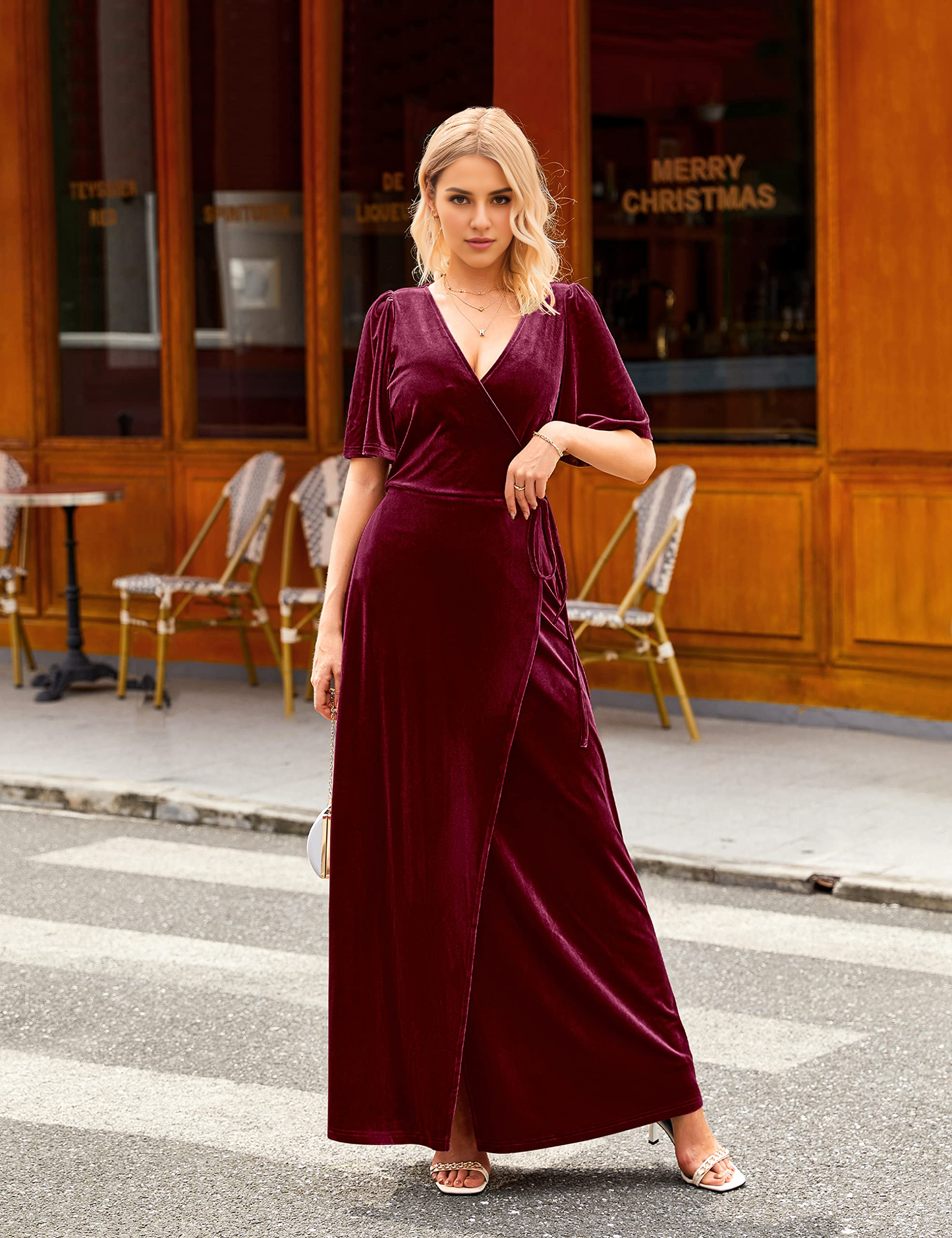 Evening Dress Women's V Neck Wrap Velvet Maxi Dress Slim Wrap Tie Waist Formal Wear Dresses Wedding Guest Dress