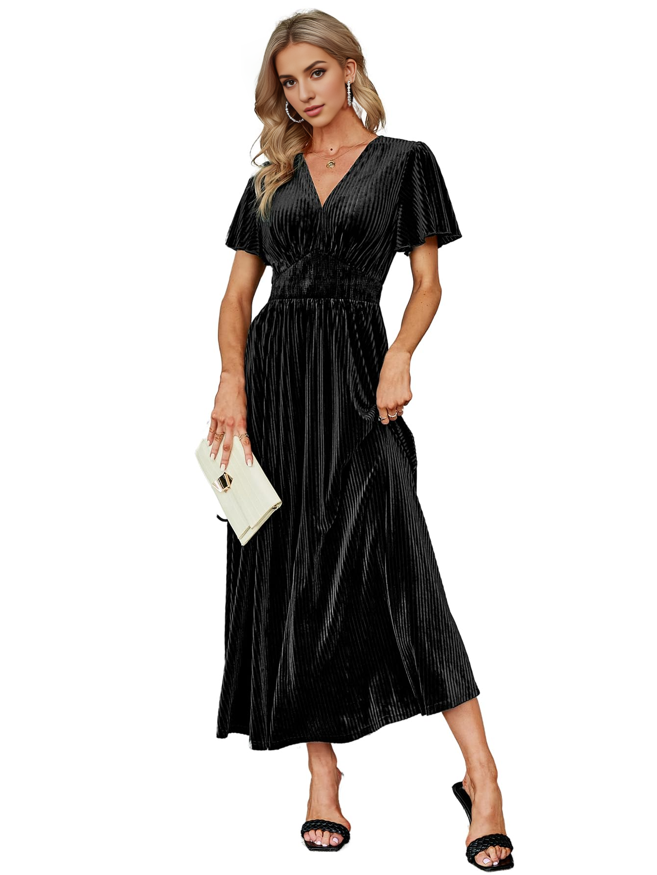 Evening dress Women’s V Neck Velvet Maxi Dress Short Sleeve Empire Waist Long plus size Formal Wear Dresses Wedding Guest Dress