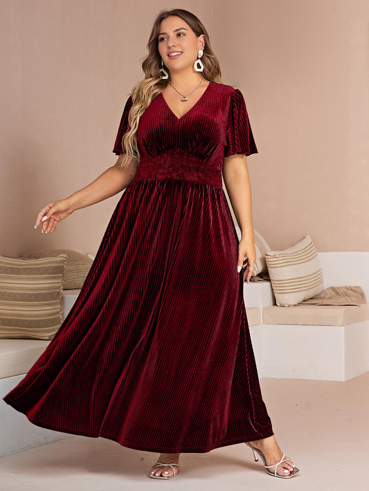 Evening dress Women’s V Neck Velvet Maxi Dress Short Sleeve Empire Waist Long plus size Formal Wear Dresses Wedding Guest Dress