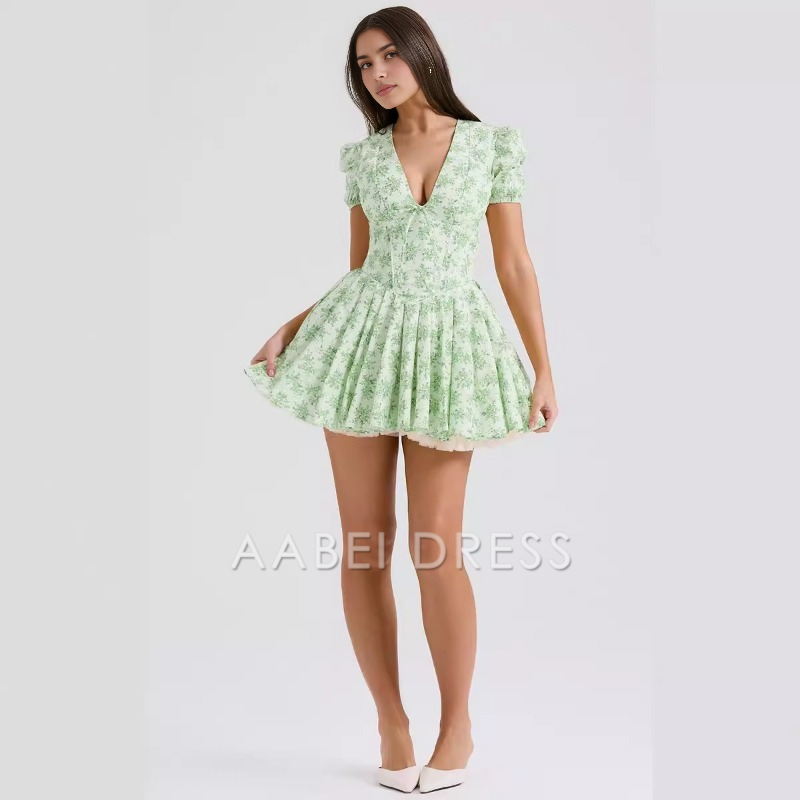 AABEI DRESS New Homecoming Dress V-Neck Short Sleeve Mini Dress Sexy Floral Pleated Party A-Line Dress High Waist Slim Mini Dress Prom Dress