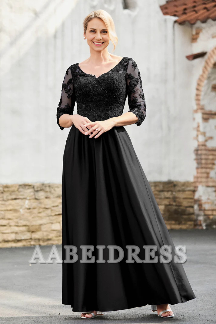 AABEI DRESS Mother of the Bride Dresses A-Line Satin V-neck Delicate Lace Applique Dress Elegant Formal Dress Wedding Guests Dresses