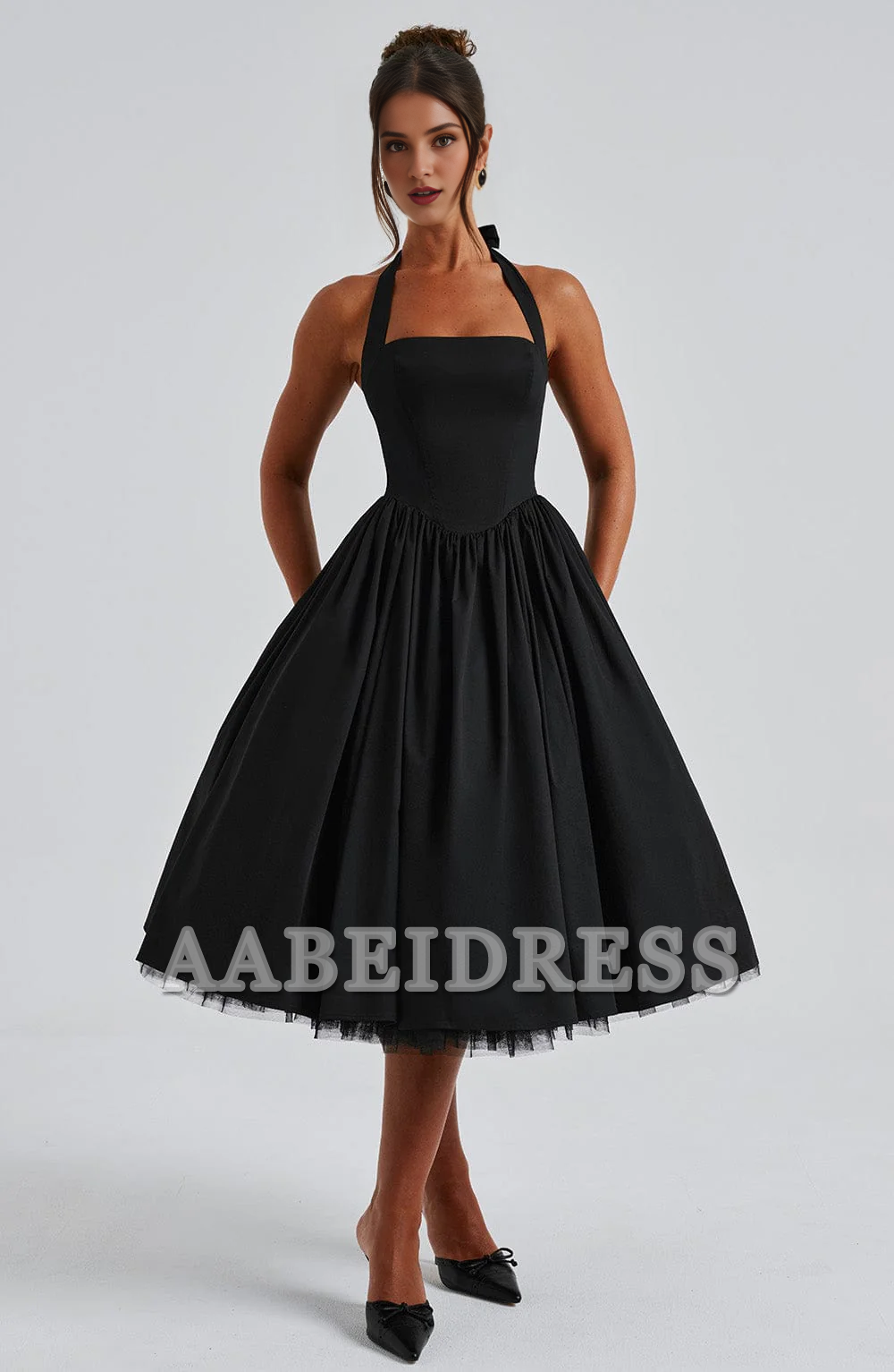 Formal Wear Dresses Prom Dresses A Line Square Neckline Halter Tea-Length Dresses Elegant Youthful Wedding Guests Dresses