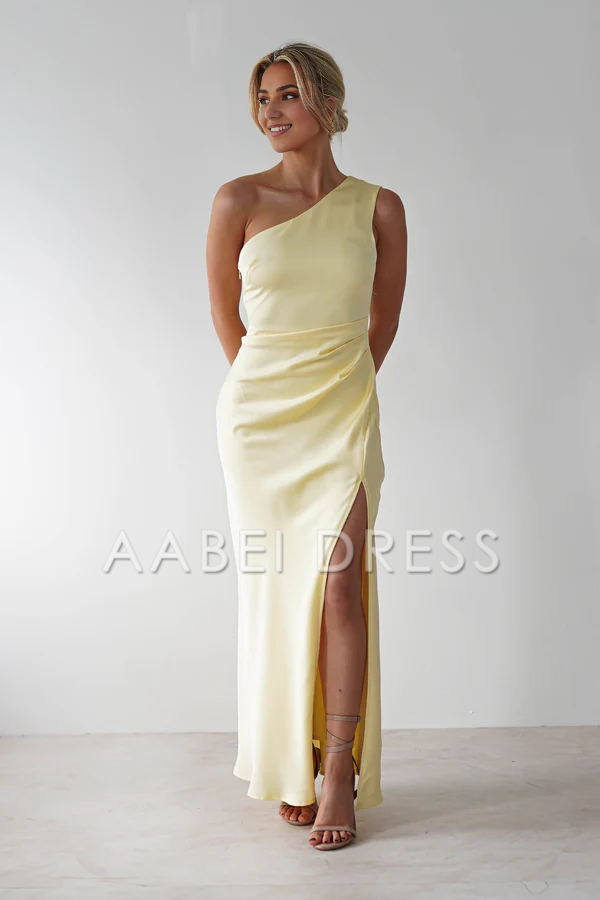 AABEI DRESS Prom Dress Satin One-Shoulder Ruched Waist Side Fork Simple Exquisite Dress