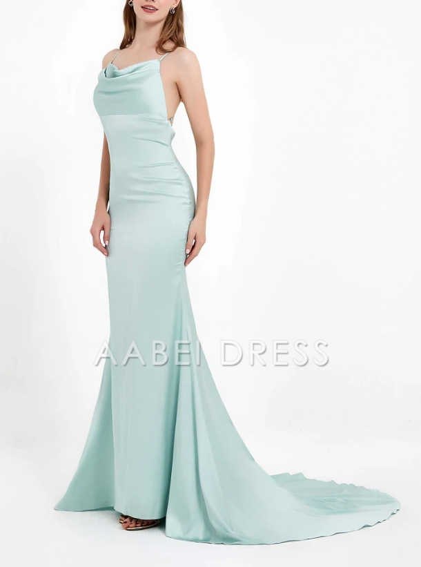 AABEI DRESS Charming Mermaid Cowl Neck Spaghetti Straps Open Back Elegant Satin Dress Simple Evening Dress