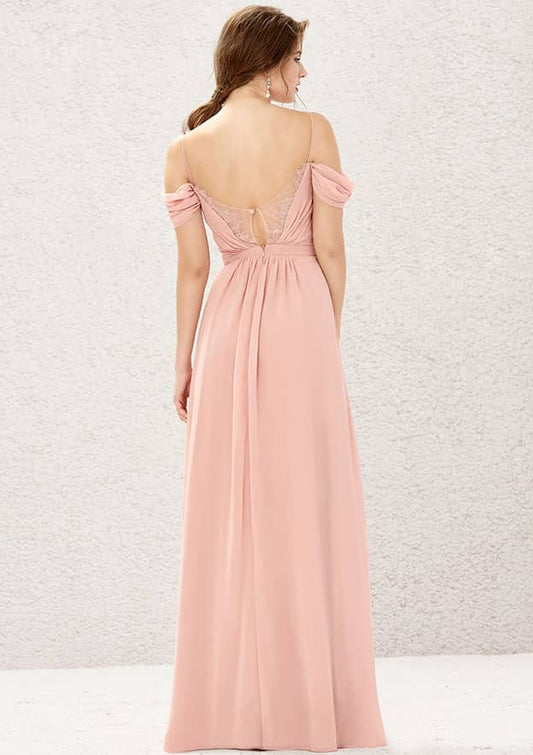Elegant Chiffon A-line Sweetheart Lace Sleeveless With Pleated Backless Affordable Floor-Length Bridesmaid Dress