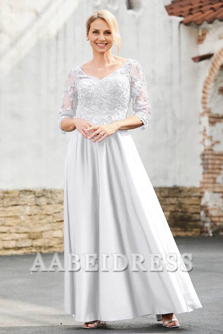 AABEI DRESS Mother of the Bride Dresses A-Line Satin V-neck Delicate Lace Applique Dress Elegant Formal Dress Wedding Guests Dresses