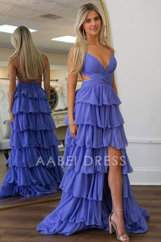 AABEI DRESS Hot Sale Prom Dress A-Line Spaghetti Straps Backless Lace Up Long Ruched Tiered with Slit Exquisite Formal Dress