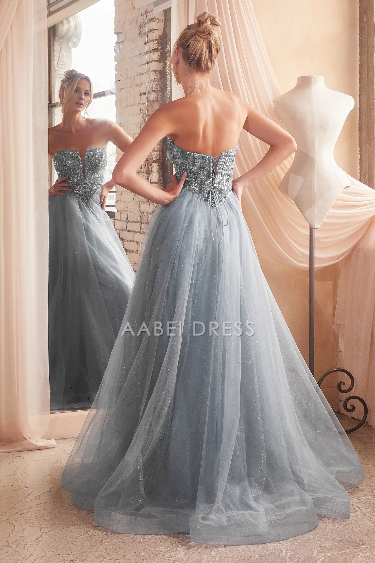 AABEI DRESS Hot Sale Prom Dress Fantastic A Line Strapless Illusion V-Neck Bodice Open Lace-Up Back Sparkle Long Evening Dress