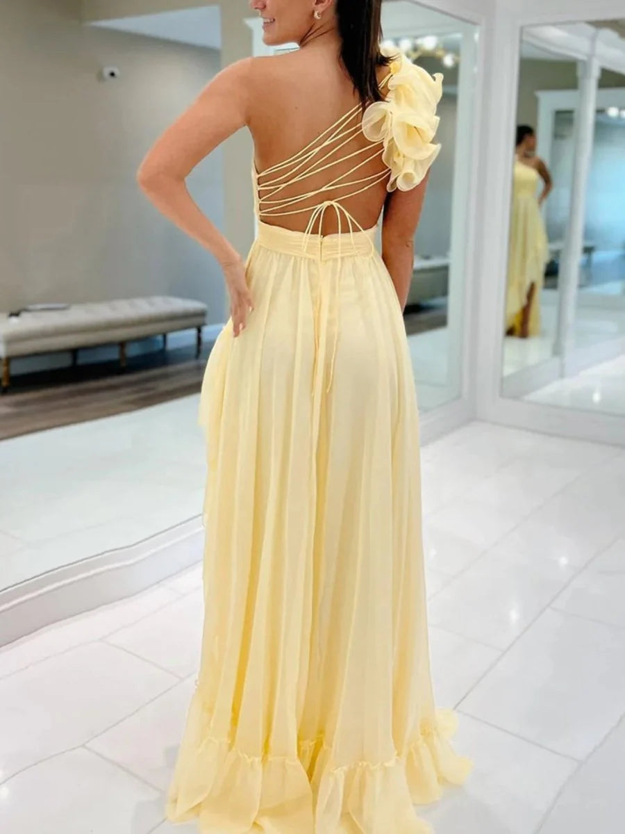 Light Yellow A-line Pleated One Shoulder Sleeveless Lace-Up Backless Asymmetry High-Low Ruffle Fashion Wedding Guest Dress Long Hot Sale Prom Dresses