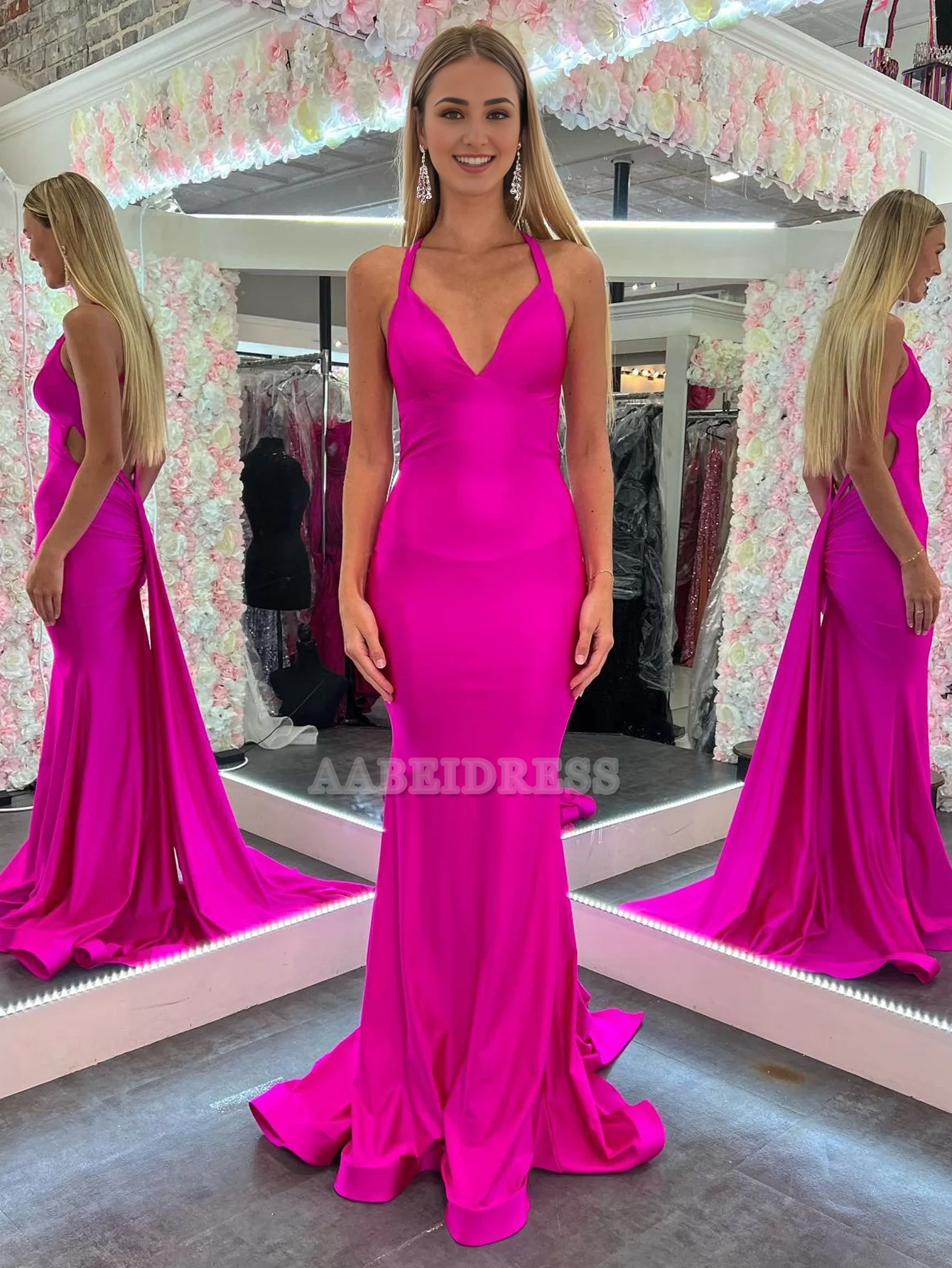 Evening Dress V Neck Mermaid Cultivate oneself Backless Sweep Train Satin Prom Dress Personality Formal Women's Dresses