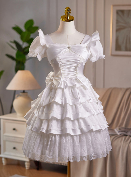 AABEI DRESS New Homecoming Dress Exquisite A-Line Square Neck Short Sleeve Layering Ruched Bow Cute Short Prom Dresse