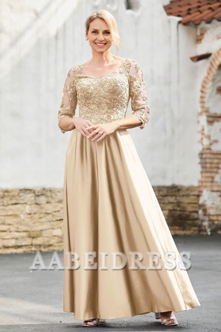 AABEI DRESS Mother of the Bride Dresses A-Line Satin V-neck Delicate Lace Applique Dress Elegant Formal Dress Wedding Guests Dresses