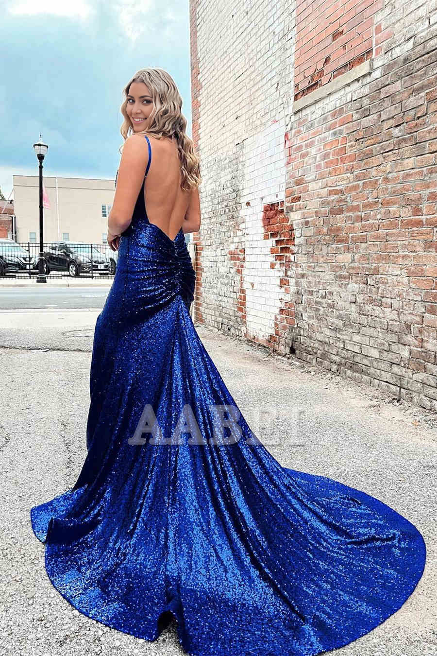 Evening Dress Royal Blue Spaghetti Strap Mermaid Cultivate oneself Prom Dress Backless Side Fork Sweep Train Sparkle Formal Women's Dresses