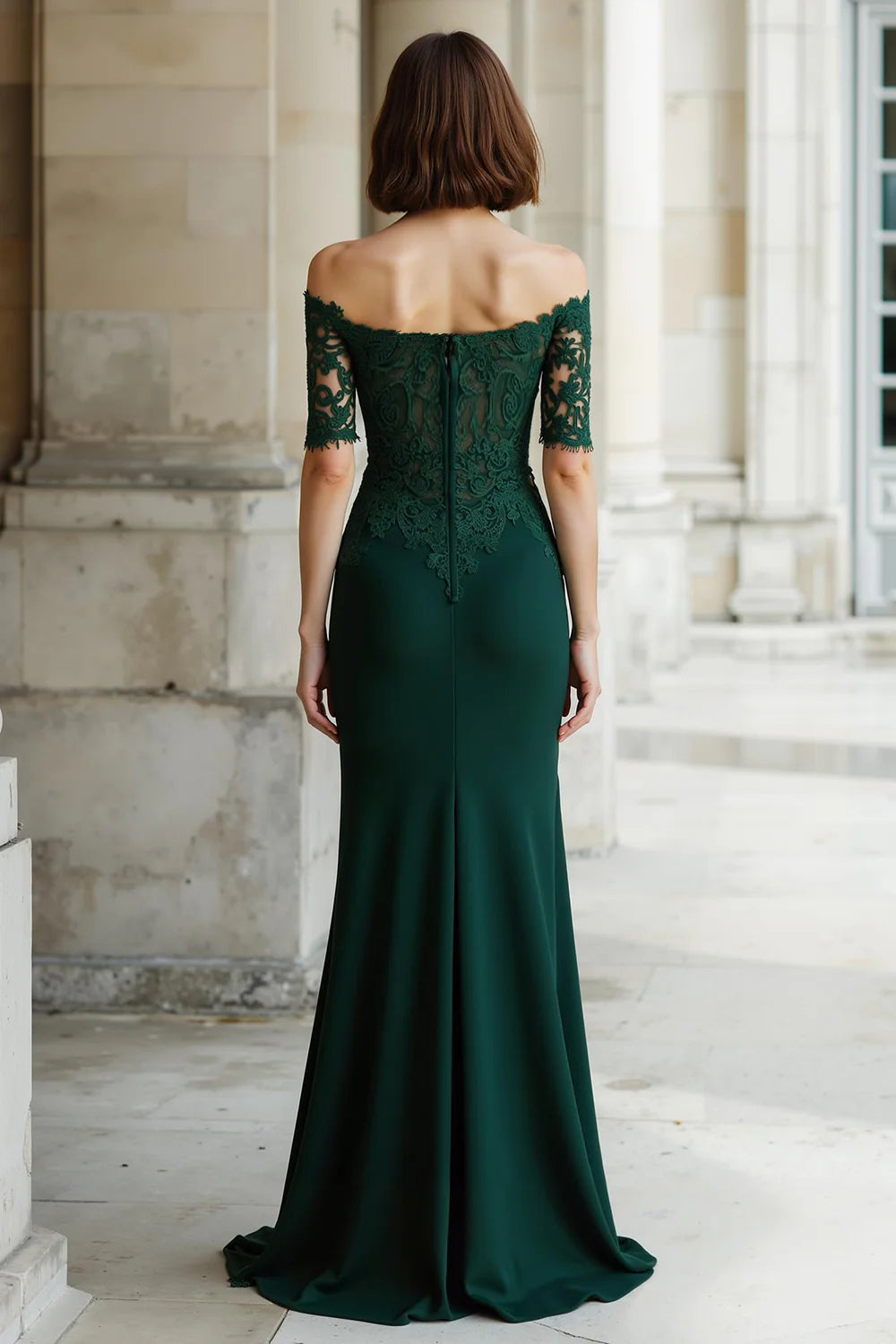 Elegant Pine Green Mermaid Off the Shoulder with Lace Appliques with Sleeves Retro Long Wedding Guest Dress For Women Hot Sale Mother of the Bride Dress