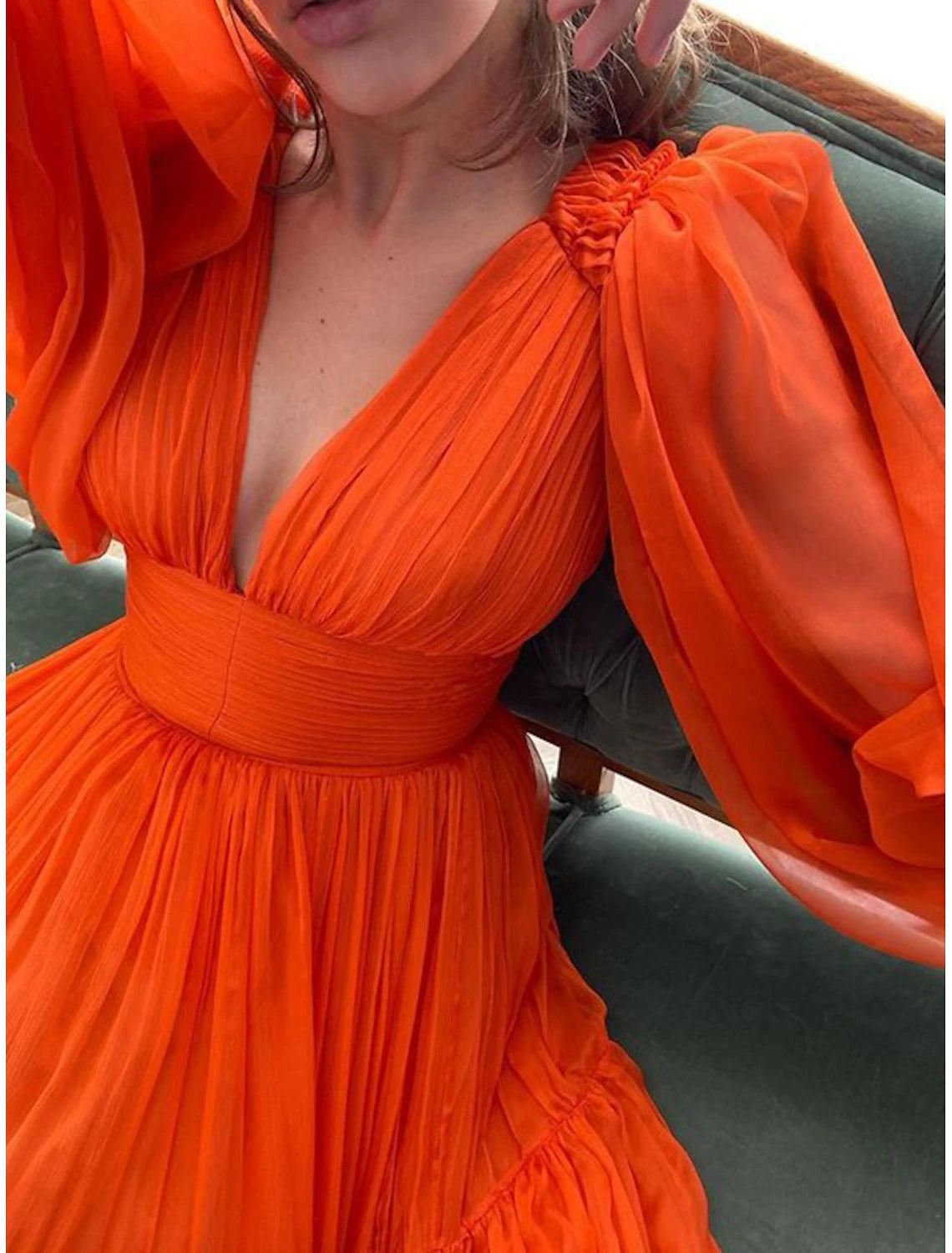 Wedding Guest Dress Formal Floor Length Long Sleeve V Neck Chiffon with Evening Dresses 