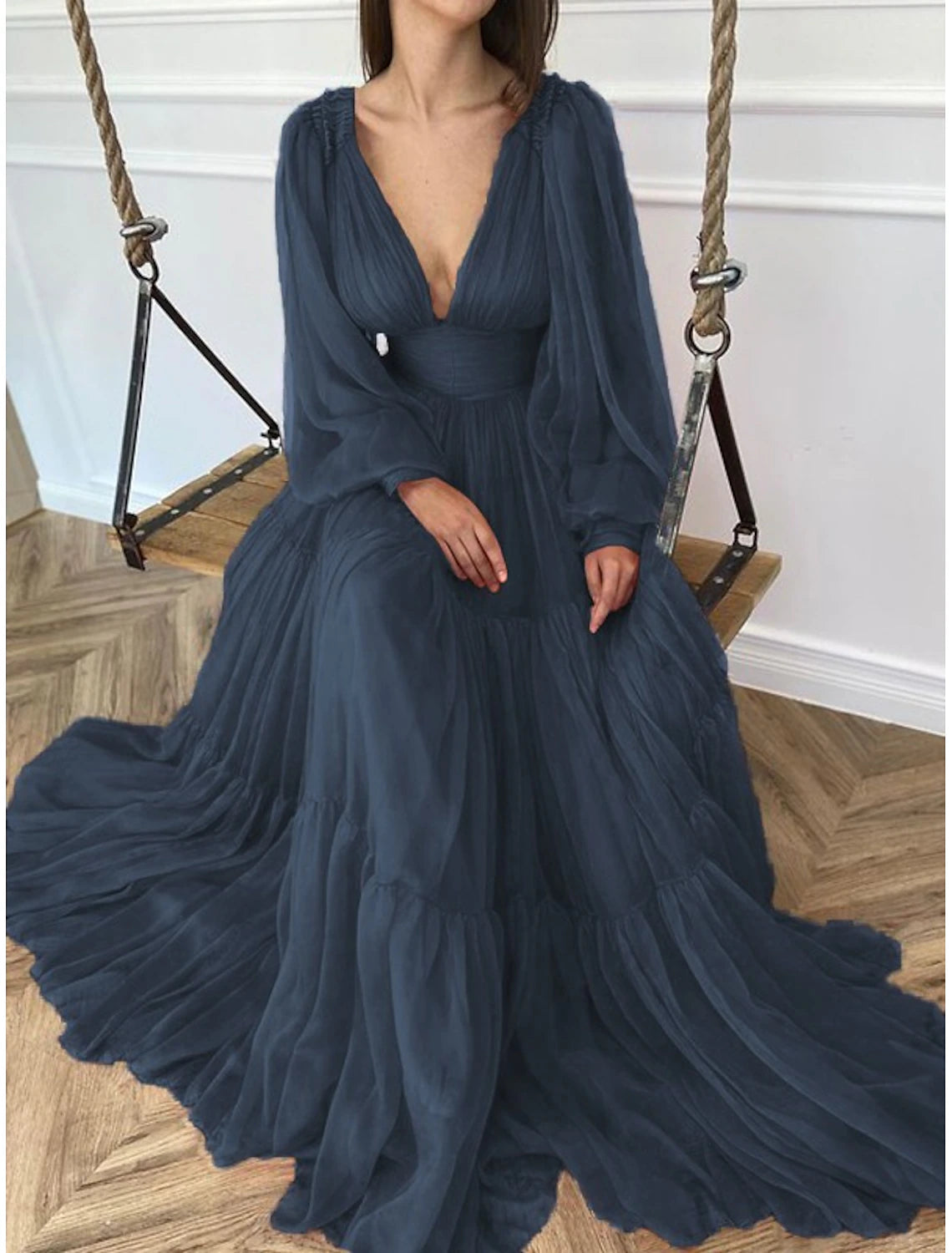 Wedding Guest Dress Formal Floor Length Long Sleeve V Neck Chiffon with Evening Dresses 