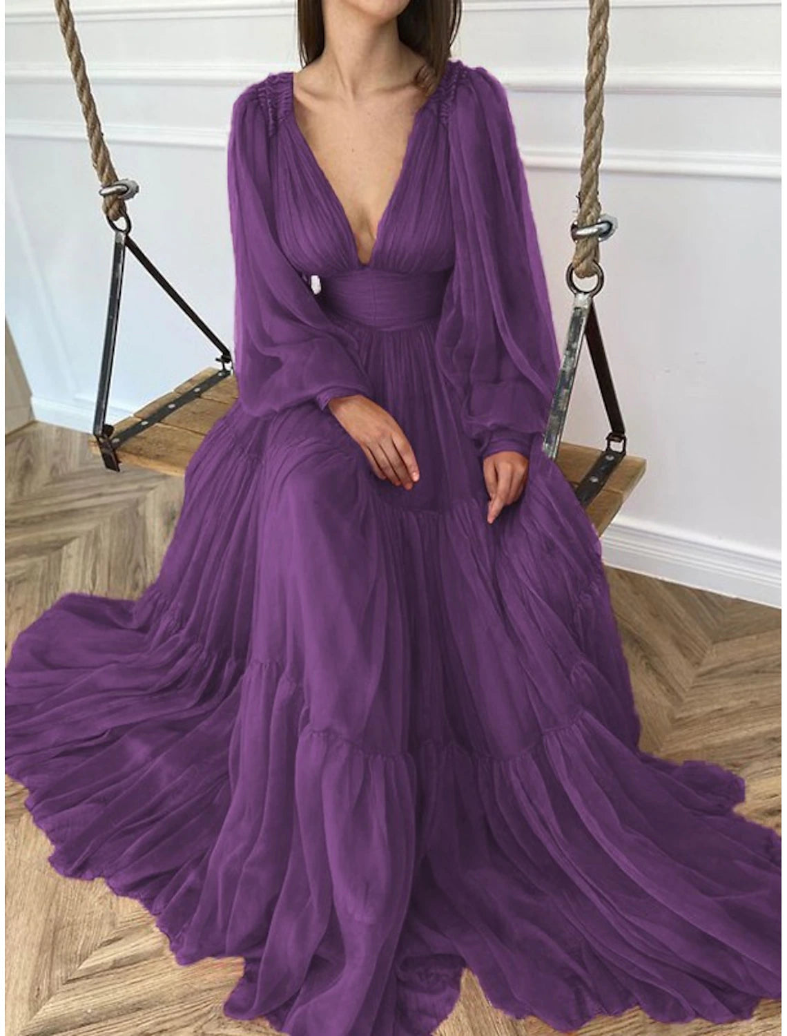 Wedding Guest Dress Formal Floor Length Long Sleeve V Neck Chiffon with Evening Dresses 