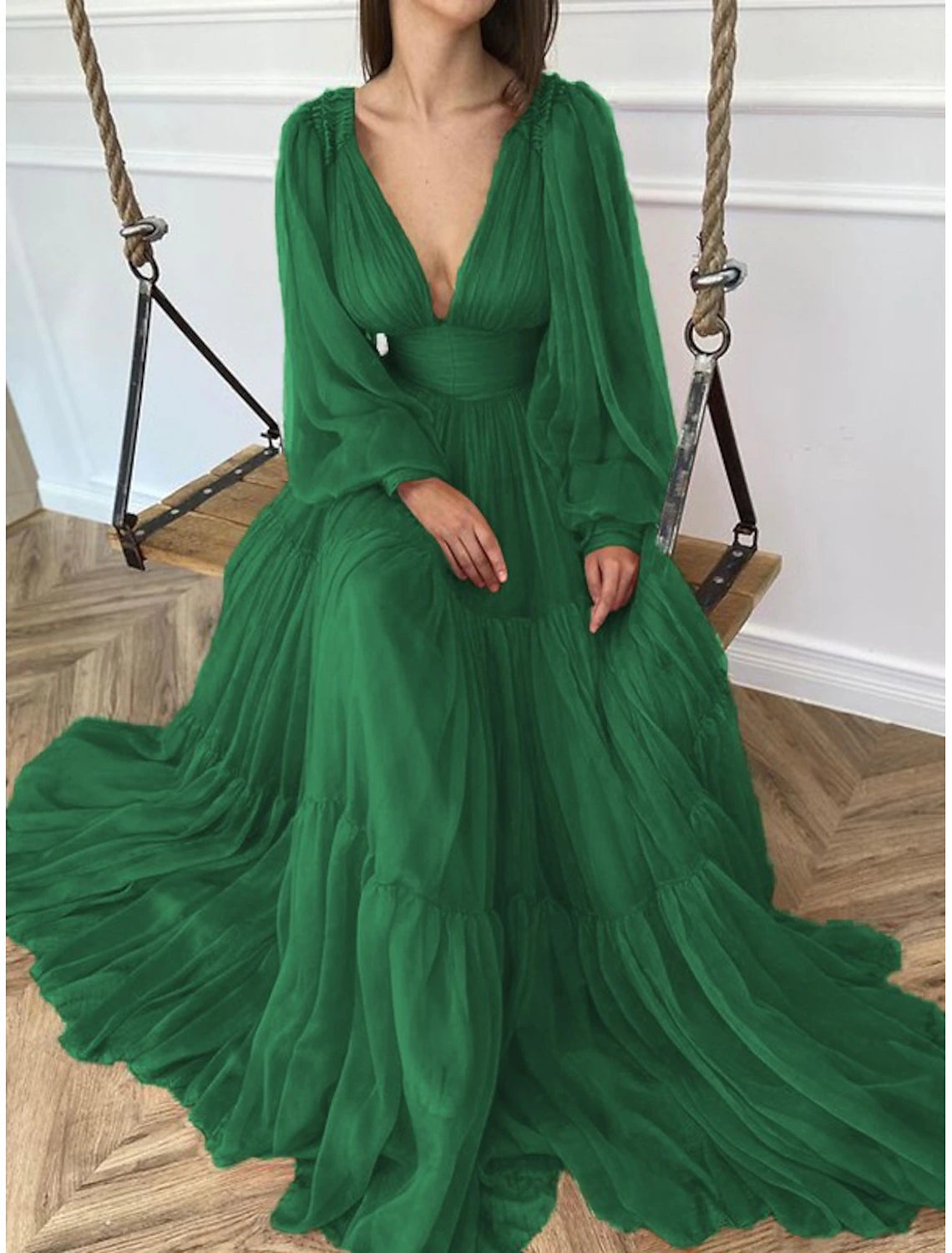 Wedding Guest Dress Formal Floor Length Long Sleeve V Neck Chiffon with Evening Dresses 