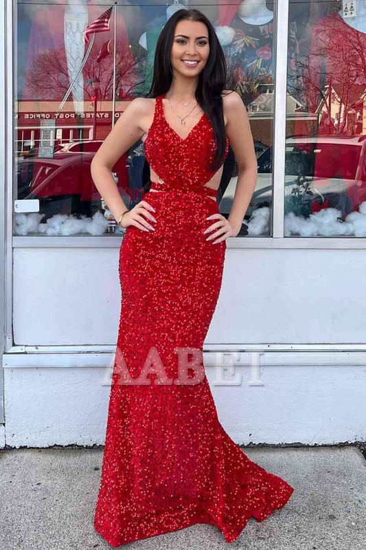 Evening Dress V Neck Mermaid Cultivate oneself Sequins Backless Sweep Train Prom Dress Sparkle Formal Women's Dresses