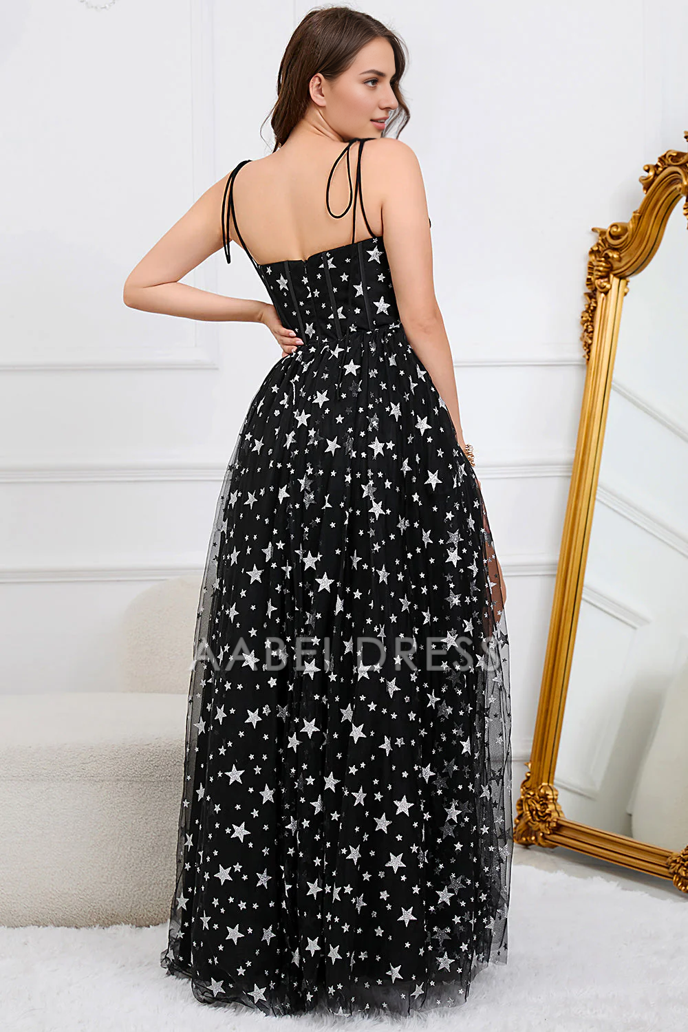 AABEI DRESS Hot Sale Prom Dress Elegant Tulle A-Line Spaghetti Straps With Stars Side Fork Long Party Dress