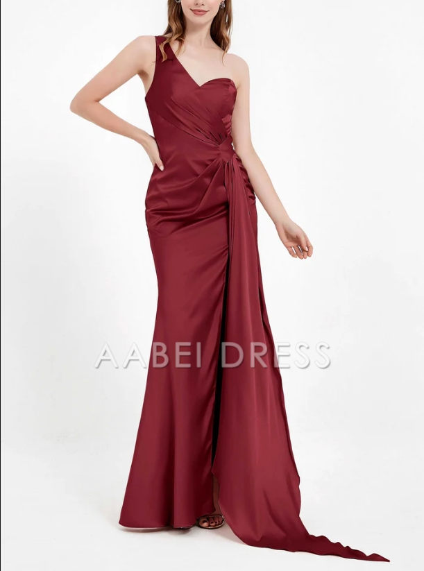 AABEI DRESS Exquisite Sheath One Shoulder Sleeveless Pleated Luxe Long Satin Floor-Length Elegant Evening Dress