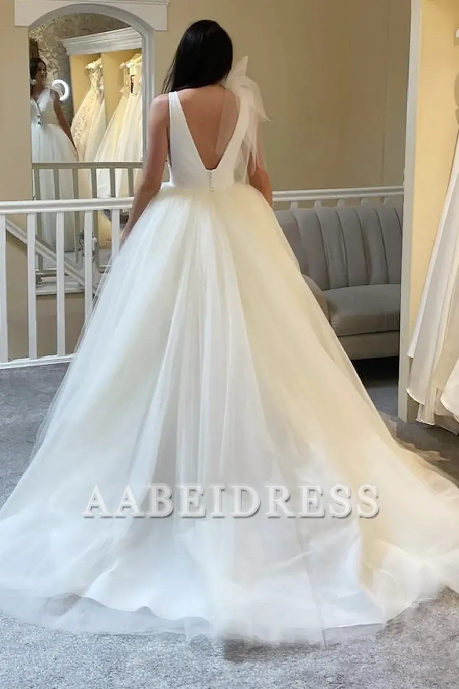 AABEI DRESS Exquisite Romantic Charming Wedding Dress Tulle Plunge Deep V Open Back Ball Gown with Bow Formal Dresses