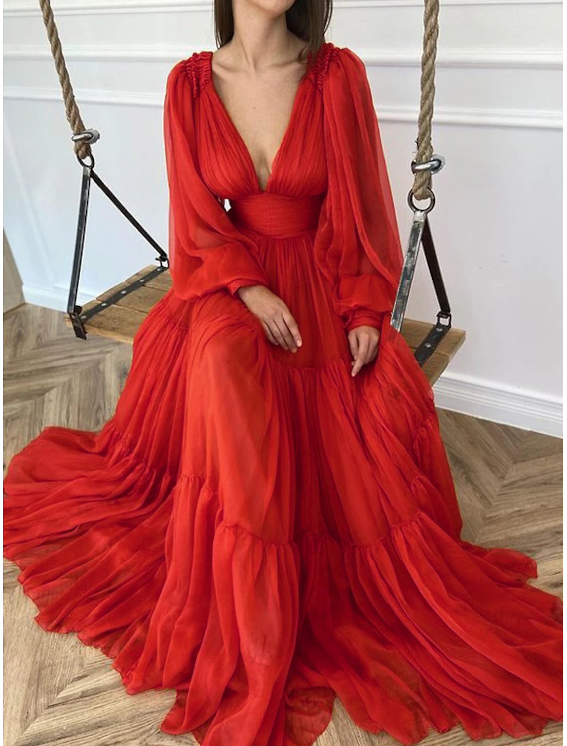 Wedding Guest Dress Formal Floor Length Long Sleeve V Neck Chiffon with Evening Dresses 
