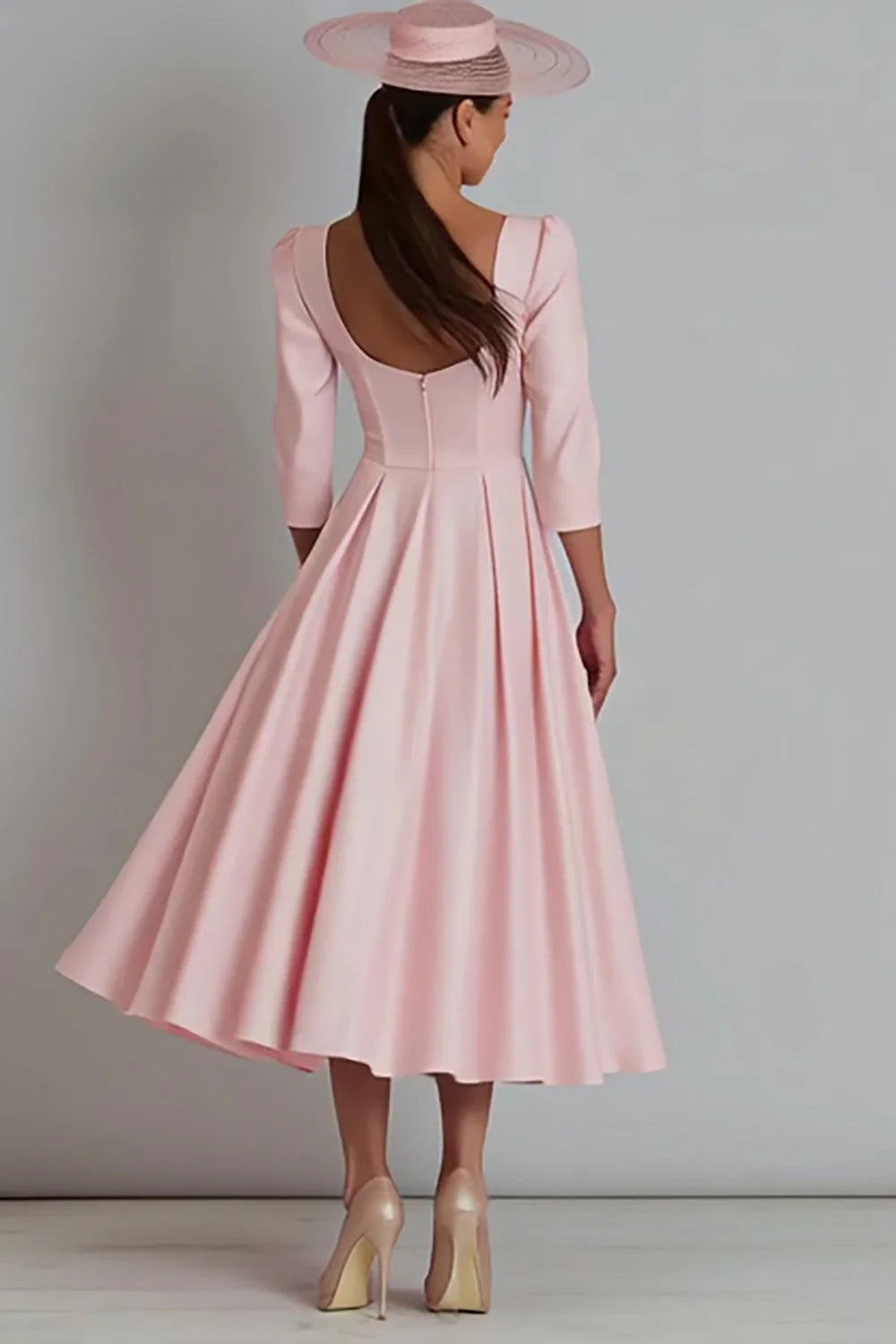 Elegant Pink Satin A Line Square Neck with Mid Sleeves Ruched Backless Long Wedding Guest Dress For Women Hot Sale Mother of the Bride Dress