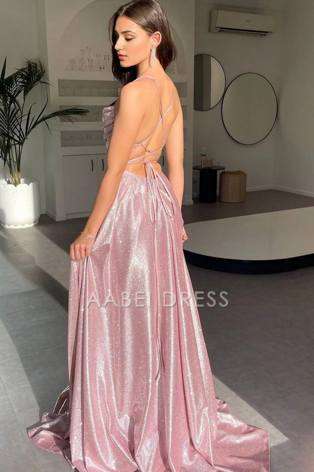 AABEI DRESS Hot Sale Prom Dress Simple A Line Spaghetti Straps Backless Long with Split Front Sparkle Formal Dress