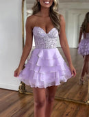 AABEI DRESS New Homecoming Dress A-Line Corsets Dress Holiday Graduation Sleeveless Strapless Lace with Appliques Tiers Exquisite Short Prom Dresse