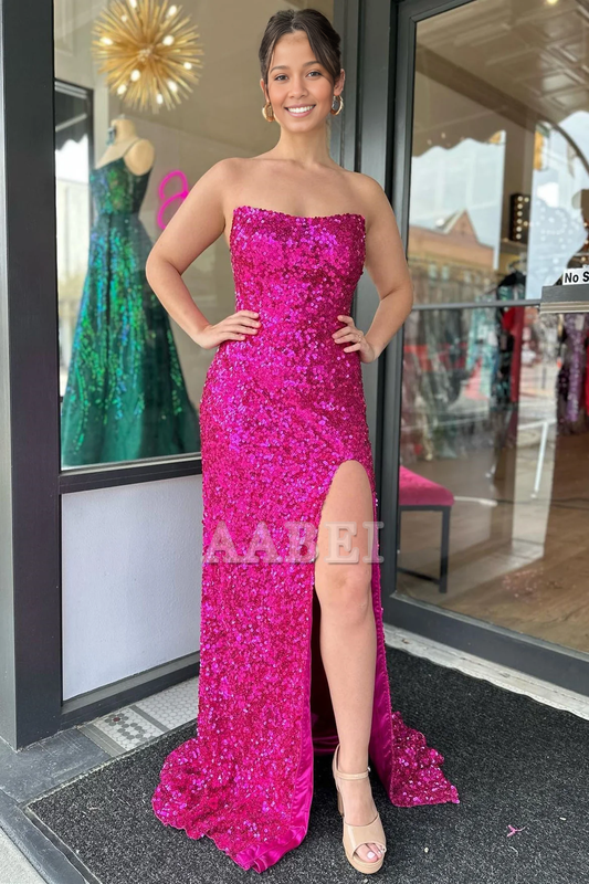 Evening Dress Strapless Sequins Long Prom Dress Side Fork Sparkle Sweep Train Charming Formal Women's Dresses