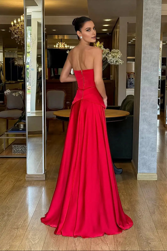 Unique Formal Women's Dresses Red Satin A Line Strapless Sleeveless Backless Pleated With Ruffle Exquisite Floor Length Affordable Prom Dress