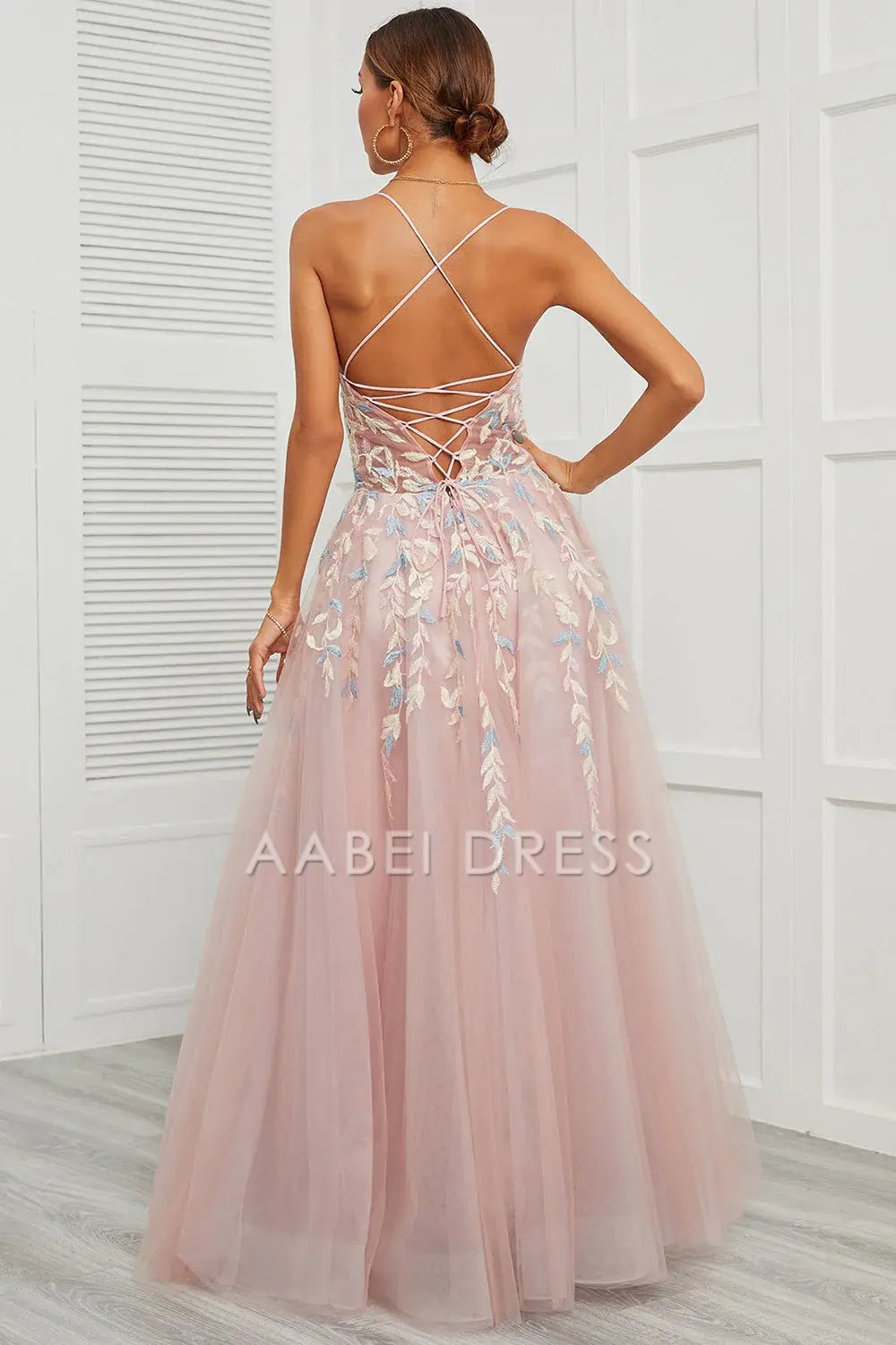 AABEI DRESS Hot Sale Prom Dress Exquisite A Line Spaghetti Straps Backless Tulle Fantastic Long Party Dress