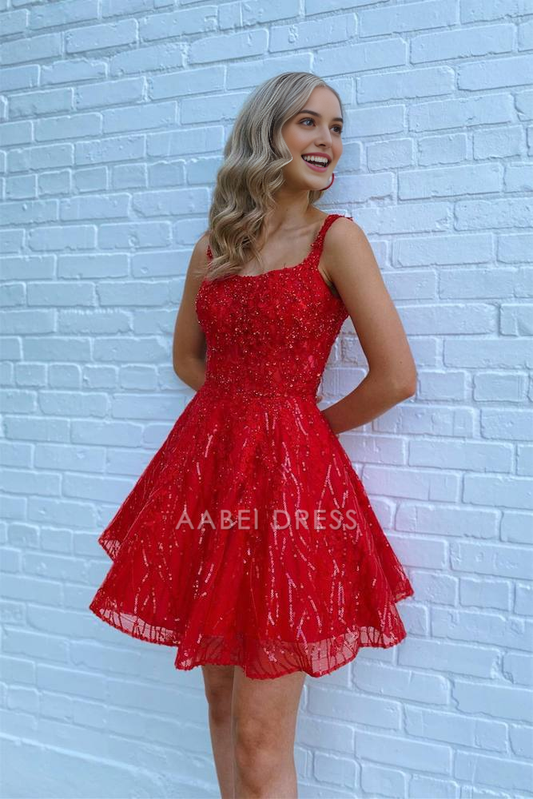 AABEI DRESS New Homecoming Dress A Line Spaghetti Strap Cute Red Sequin Zipper Back Charming Short Prom Dresse