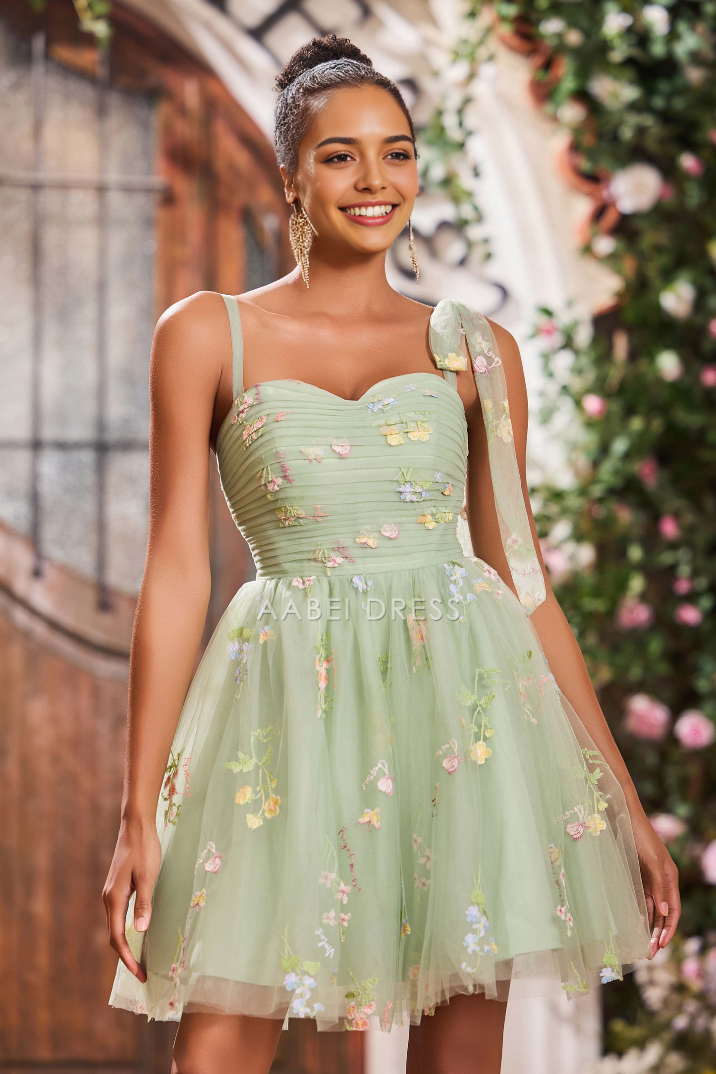 AABEI DRESS Short Dress Fashion A-Line Spaghetti Strap Pleated Applique Bow Straps Knee-Length Cute Dresses New Homecoming Dress