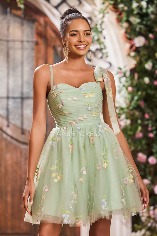 AABEI DRESS Short Dress Fashion A-Line Spaghetti Strap Pleated Applique Bow Straps Knee-Length Cute Dresses New Homecoming Dress