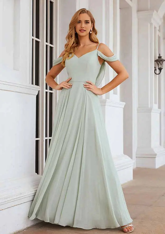 Fashion Chiffon A-line Off-the-Shoulder V Neck Sleeveless With Ruched Affordable Floor-Length Bridesmaid Dress