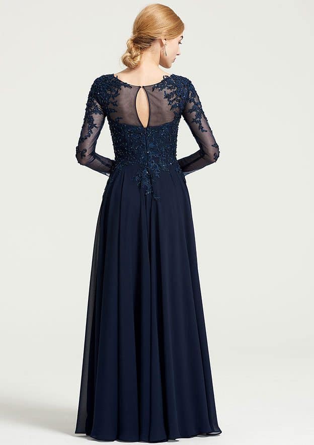 Retro Elegant Wedding Guest Dresses Navy Blue Chiffon A-line Boat Neck 3/4 Long Sleeve With Beading Appliqued Ruched Floor-Length Bargain Mother of the Bride Dress