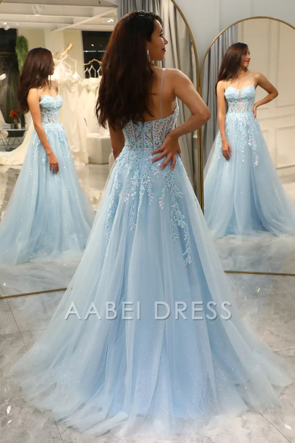 AABEI DRESS Prom Dress A Line Spaghetti Straps Tulle Long Appliques Fashion Charming Dress