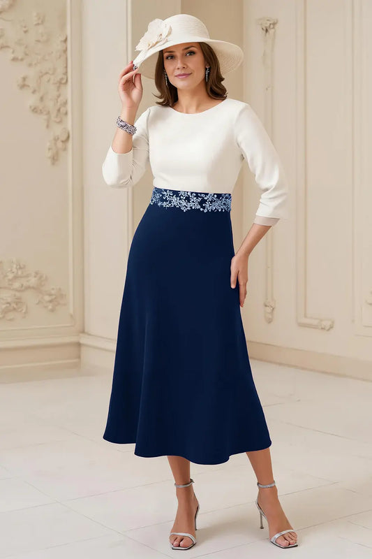 Navy and White A Line Boat Neck 3/4 Long Sleeve Waist with Lace Appliques Exquisite Midi Wedding Guest Dress For Women Hot Sale Mother of the Bride Dress