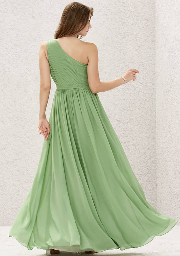 Elegant Mint Green Chiffon A-line One-Shoulder Sleeveless With Pleated Affordable Floor-Length Bridesmaid Dress