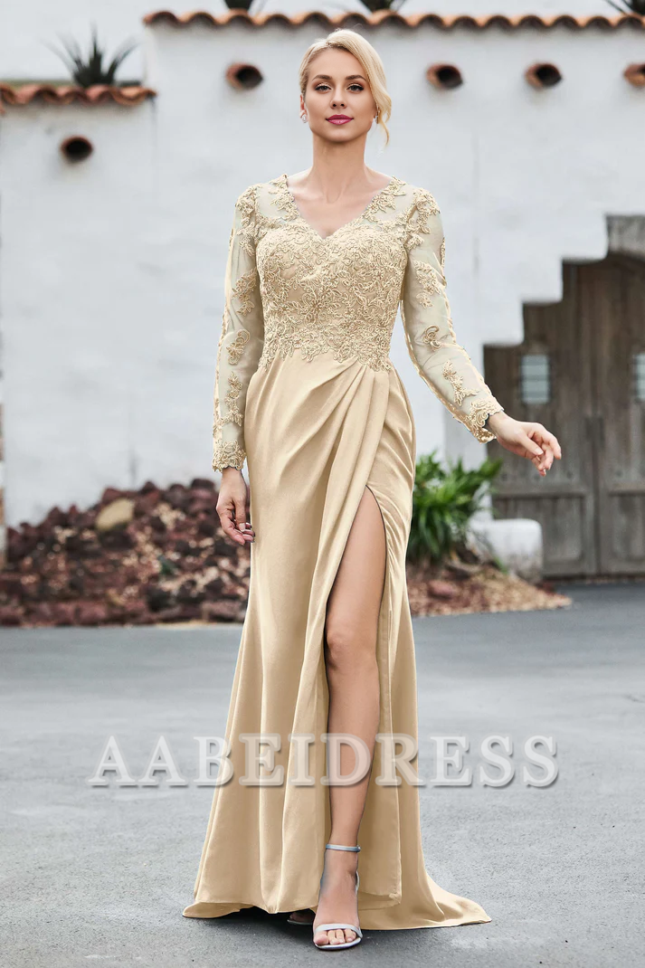 AABEI DRESS Mother of the Bride Dresses Lace V-neck Long Sleeves High Slit Elegant Dress Wedding Guests Dresses